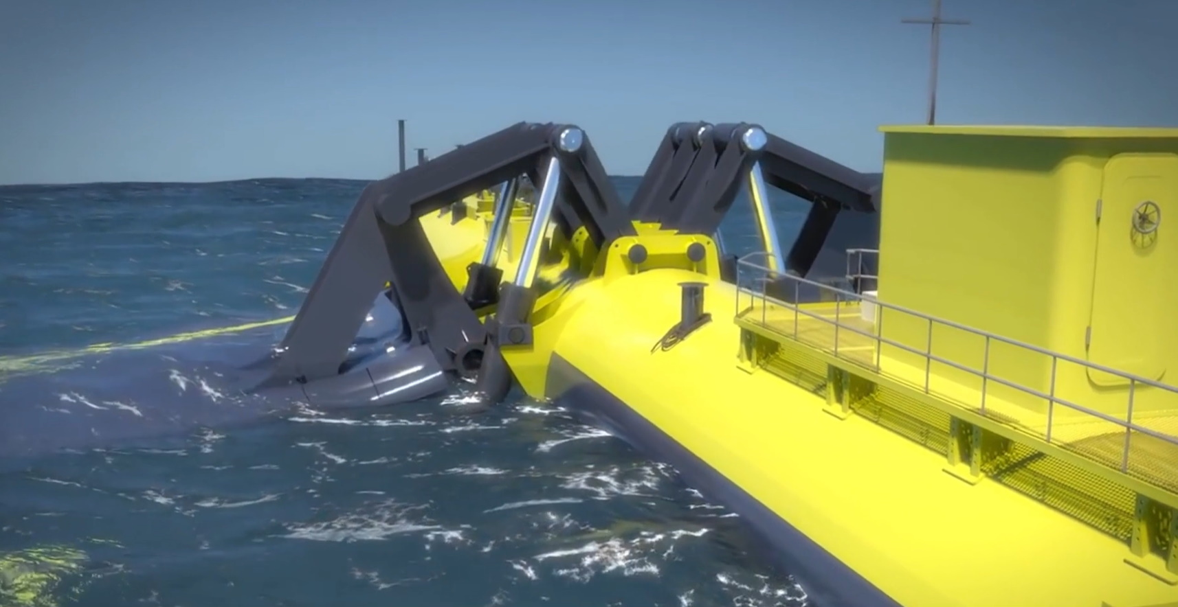 Bright yellow tidal turbine in the ocean off Orkney 